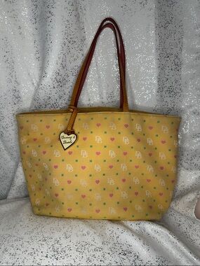 Dooney & Bourke Yellow Logo Tote with Pink Hearts and Green Accents